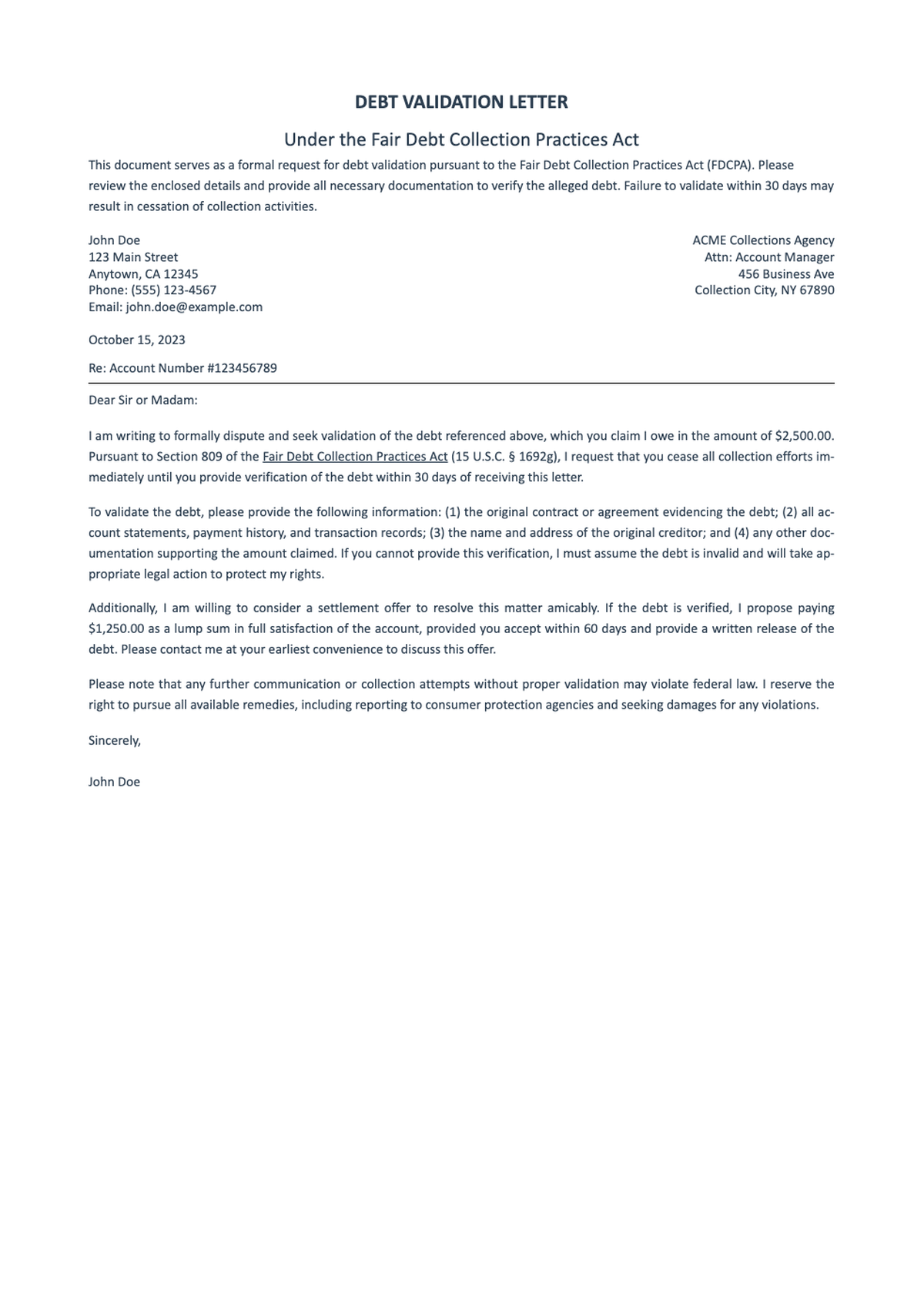 Debt validation letter with settlement offer under FDCPA_variant_3